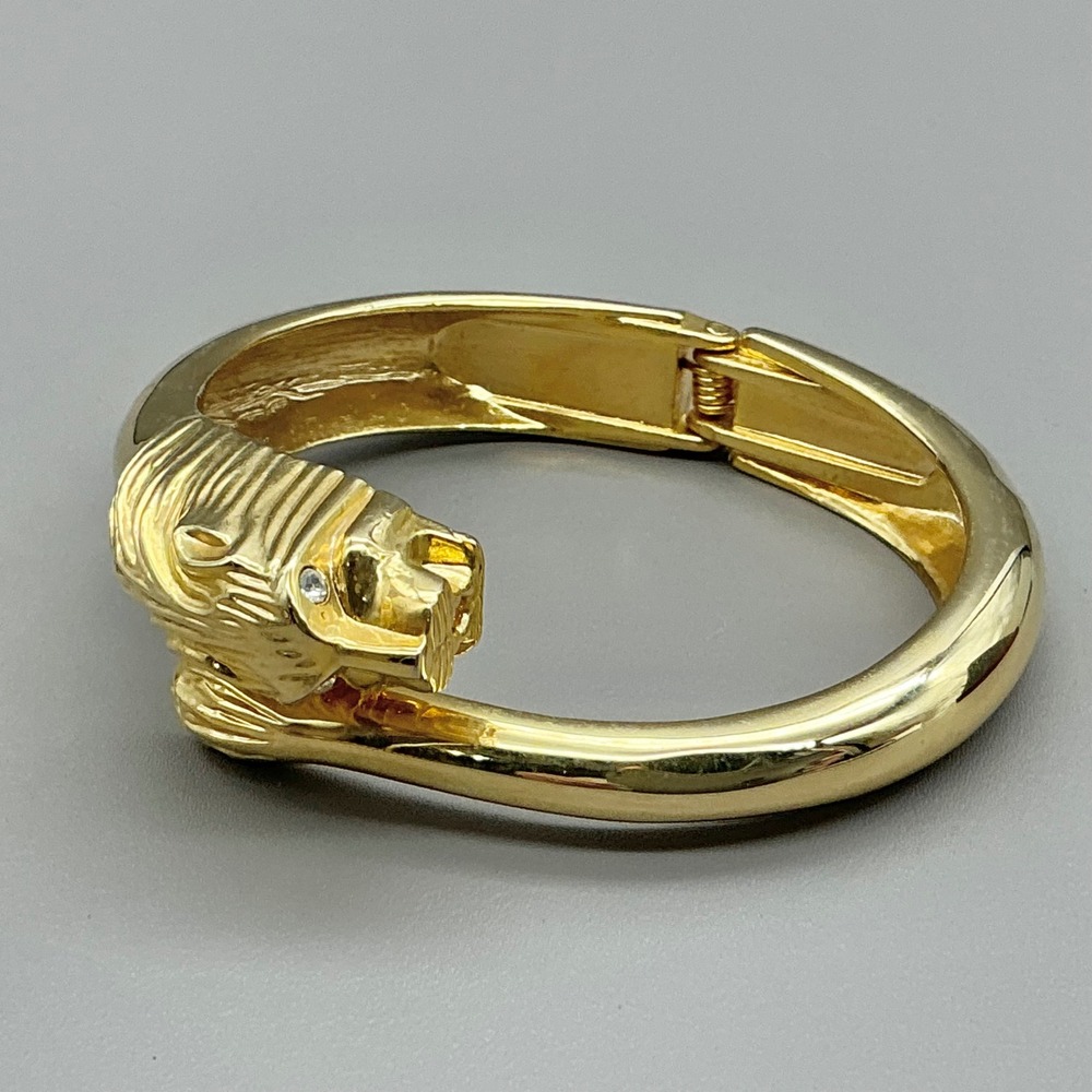 Lion Head Bangle Bracelet Gold Tone Rhinestone Eye Hinged Statement Jewelry